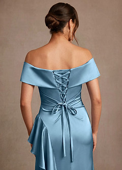 Azazie Kirsty Mother of the Bride Dresses Steel Blue Sheath Off the Shoulder Stretch Satin Dress image6