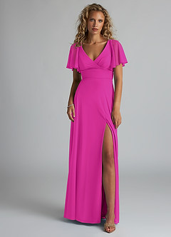 Azazie Induh Bridesmaid Dresses Fuchsia A-Line Flutter V-neck Mesh Dress image2