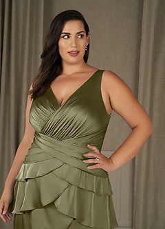 Azazie Viola Mother of the Bride Dresses Pistachio A-Line Pleated Stretch Satin Dress image9