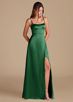 Azazie Halsey Vestidos de damas de honor Vestido de Verde Oscuro de Satén Metálico de Corte en A con Corte Lateral image1
