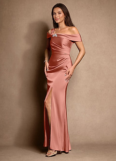 Azazie Altonia Kleider für die Brautmutter Meerjungfrau-Linie Schulterfrei Stretch-Satin Kleid Lachsrosa image5