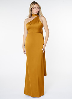 Azazie Kaylani Robes de demoiselle d'honneur Robe Sirène en Satin extensible Col Haut Caramel écossais image1
