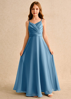 Azazie Umina Girls Formal Robe Demoiselle D'honneur Fillette Robe Trapèze en Mat Satiné Plissée Acier Bleuté image4