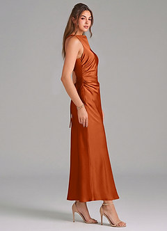 Azazie Evadne Bridesmaid Dresses Burnt Orange Sheath Pleated Stretch Satin Dress image4