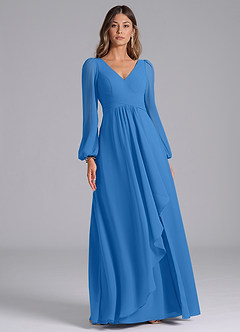 Azazie Omari Bridesmaid Dresses Blue Jay A-Line Long Sleeve Chiffon Dress image3