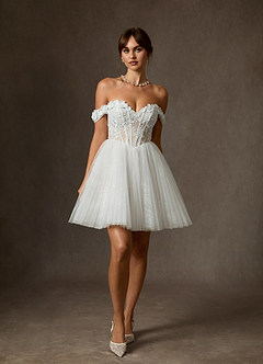 Azazie Sorel Wedding Dresses Diamond White Ball-Gown Off the Shoulder Lace Dress image2