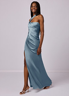 Barbie ♥ Azazie Bridesmaid Dresses Dusty Blue Mermaid One Shoulder Stretch Satin Dress image4