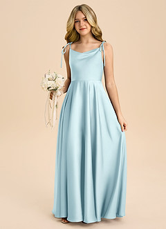 Azazie Popsy Junior Vestido de Azul Nube de Satén Elástico de Corte en A con Lazo image5