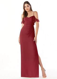 Azazie Emeralda Bridesmaid Dresses Pomegranate Sheath Off the Shoulder Chiffon Dress image3