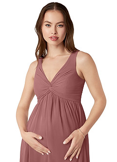 Azazie Yetta Maternity Bridesmaid Dresses A-Line V-Neck Gathered Chiffon Floor-Length Dress image6