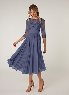 Azazie Tutu Mère de la mariée Robes Robe Trapèze en Mousseline de soie Col bateau Dentelle Bleu Orageux image3