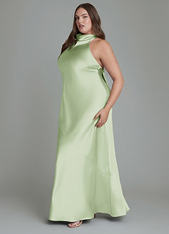 Azazie Velli Bridesmaid Dresses Dusty Sage Sheath High Neck Metallic Satin Dress image7