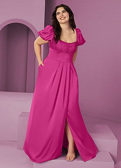 Barbie ♥ Azazie Vestidos de damas de honor Vestido de Fucsia de Satén Elástico de Corte en A con Volante image7