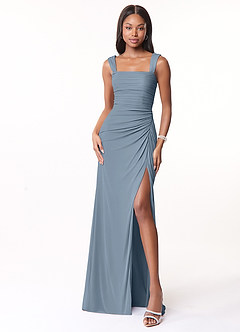 Azazie Jesaphine Bridesmaid Dresses Dusty Blue Sheath Ruched Mesh Dress image5