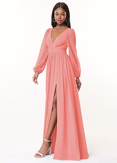 Azazie Norah Bridesmaid Dresses Coral A-Line V-Neck Long Sleeve Chiffon Dress image4