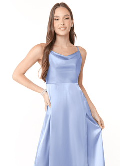Azazie Naomie Bridesmaid Dresses Ice A-Line Cowl Neckline Side Slit Stretch Satin Dress image5