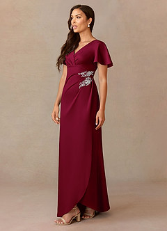 Azazie Robins Mother of the Bride Dresses Burgundy A-Line Pleated Stretch Satin Dress image3