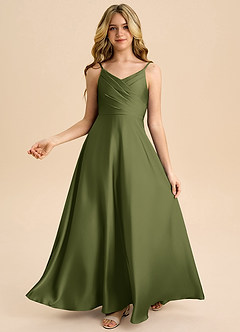 Azazie Bug Junior Olive A-Line Pleated Stretch Satin Dress image2
