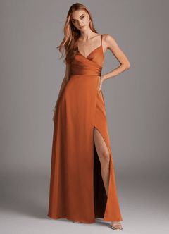 Azazie Calissa Bridesmaid Dresses Cinnamon A-Line V-Neck Pleated Stretch Satin Dress image3