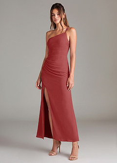 Azazie Eren 신부 들러리 드레스 인어 한쪽 어깨 쉬폰 발목 길이 드레스 image1