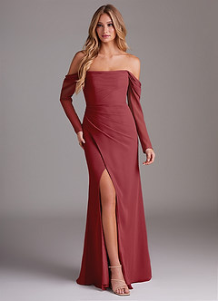 Azazie Hallie Bridesmaid Dresses Pomegranate Mermaid Long Sleeve Chiffon Dress image1