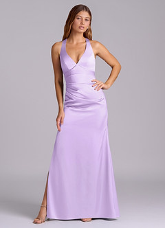 Azazie Amelie Bridesmaid Dresses Lilac A-Line Pleated Stretch Satin Dress image5