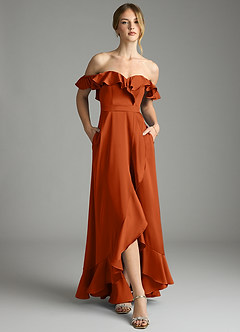 Azazie Lyra Bridesmaid Dresses Burnt Orange A-Line Off the Shoulder Stretch Satin Convertible Dress image6