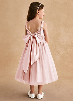 Azazie Gabbie Robe Demoiselle D'honneur Fillette Robe Trapèze en Mat Satiné Plissée Rose Pâle image2