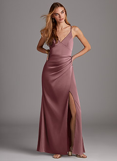 Azazie Shania Bridesmaid Dresses Vintage Mauve Sheath V-Neck Pleated Stretch Satin Dress image3
