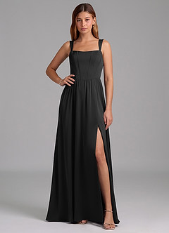 Azazie Rosaline Bridesmaid Dresses Black A-Line Side Slit Stretch Satin Dress image1
