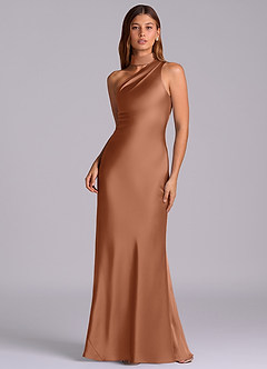 Azazie Seona Robes de demoiselle d'honneur Robe Sirène en Satin extensible Une épaule Bronze image1