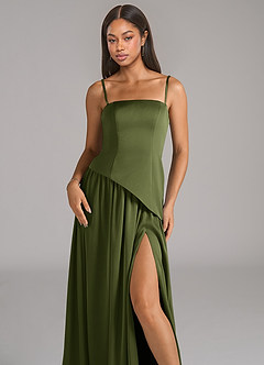 Azazie Adeline Bridesmaid Dresses Olive A-Line Strapless Stretch Satin Convertible Dress image2