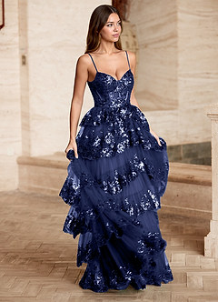 Tindra Dark Navy Sequins Ruffles Prom Dress image9