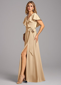 Azazie Lainey Bridesmaid Dresses Champagne A-Line with Pockets Stretch Satin Dress image5