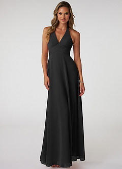 Azazie Tessie Robes de demoiselle d'honneur Robe Trapèze en Mousseline de soie Col V plissé Noir image1