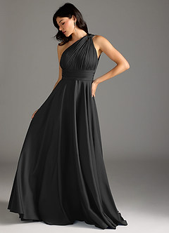 Azazie Charlize Bridesmaid Dresses Black A-Line One Shoulder Stretch Satin Dress image5