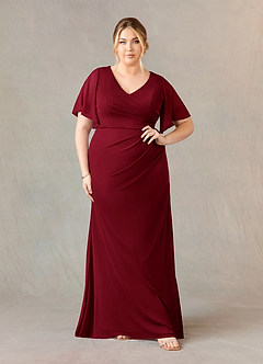 Azazie Selah Mère de la mariée Robes Robe Trapèze en Maille Col en V froncé Bourgogne image6