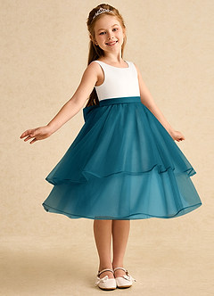 Azazie Rene Flower Girl Dresses Ivory Ink Blue A-Line Bow Tulle Dress image1