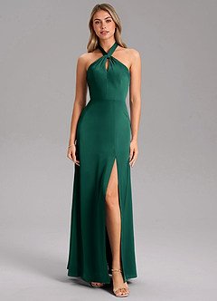 Azazie Tracie Bridesmaid Dresses Emerald A-Line Side Slit Stretch Satin Dress image5