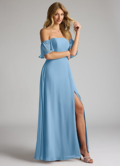 Azazie Sue Jurken voor bruidsmeisjes Converteerbaar Jurk van Chiffon met A-Lijn Off the Shoulder Staal Blauw image5