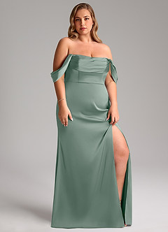 Azazie Saige Vestidos de damas de honor Vestido de Salvia Plateada de Satén Elástico de Corte Recto con Vestidos sin tirantes image13