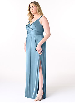 Azazie Aqua Vestidos de damas de honor Vestido de Azul Acero de Satén Elástico de Corte en A con Cuello en V plisado image10