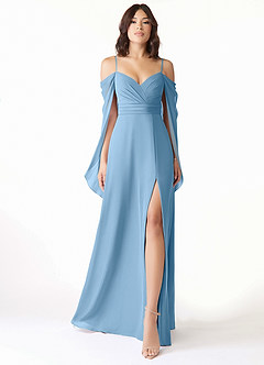 Azazie Cienna Bridesmaid Dresses Steel Blue A-Line Off the Shoulder Chiffon Dress image1