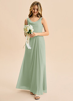 Azazie Evania Junior Robe Trapèze en Mousseline de soie Plissée Vert Sauge image5