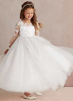 Azazie Elodie Flower Girl Dresses Ivory White Ball-Gown Lace Dress image2