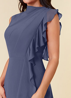 Azazie Narine Mère de la mariée Robes Robe Trapèze en Mousseline de soie Encolure haute plissée Bleu Orageux image9
