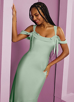 Barbie ♥ Azazie Jurken voor bruidsmeisjes Jurk van Stretch Satijn met Kolom Geplooid Agave image7