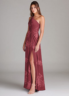 Azazie Brooke Bridesmaid Dresses Burgundy Floral Bouquet A-Line One Shoulder Stretch Satin Dress image5