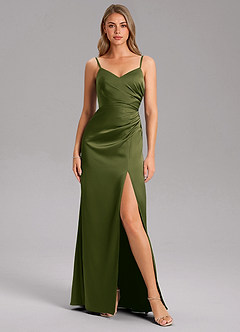 Azazie Azuree Robes de demoiselle d'honneur Robe Trapèze en Satin extensible Plissé Olive Vif image6