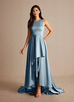 Azazie Niles vestidos de madre de la novia Vestido de Azul Polvoriento de Satén Elástico de Corte En A con Trenes image8